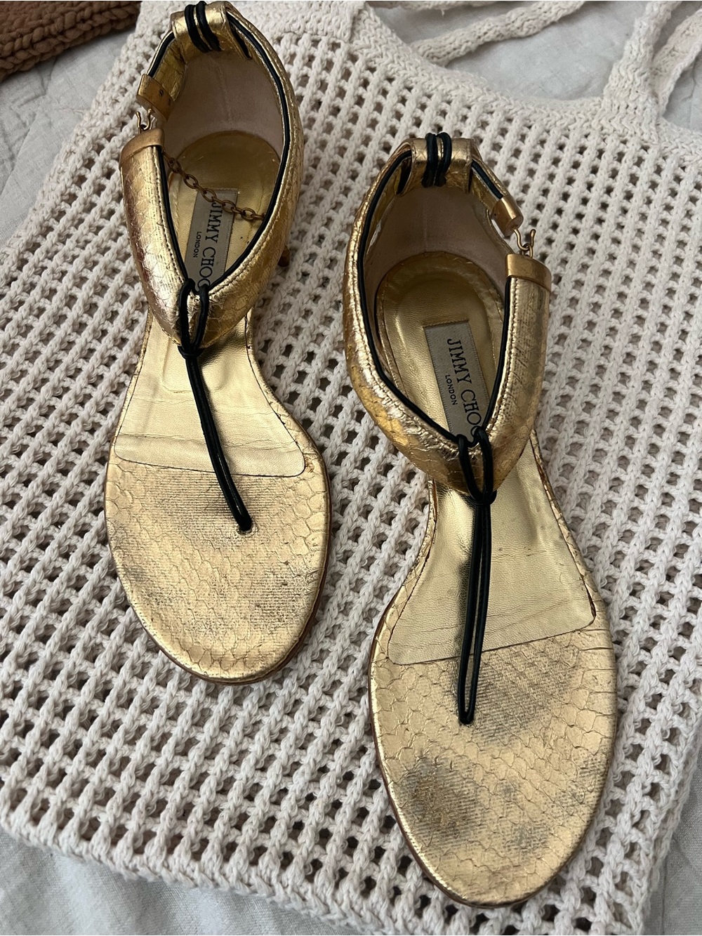 Jimmy Choo Metallic Gold and Black T-Strap Sandals